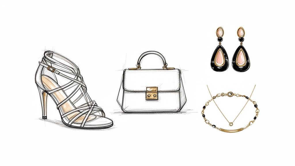 Fashion sketches of a white high-heeled sandal, matching top-handle handbag, black and pink drop earrings, and delicate gold necklaces.
