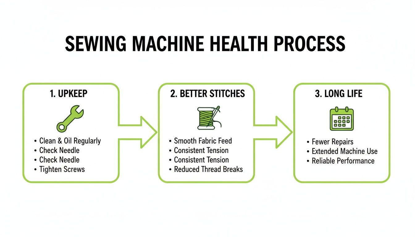 Flowchart illustrating sewing machine health process: upkeep steps lead to better stitches and extended machine life.