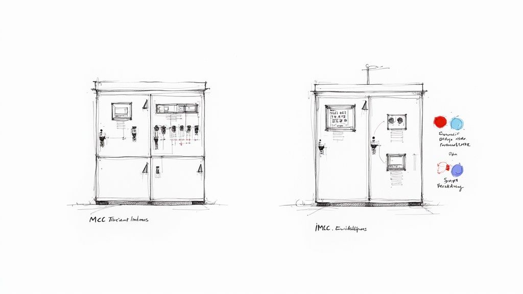 A large, modern Motor Control Center in an industrial setting, showcasing multiple enclosed sections and control units.