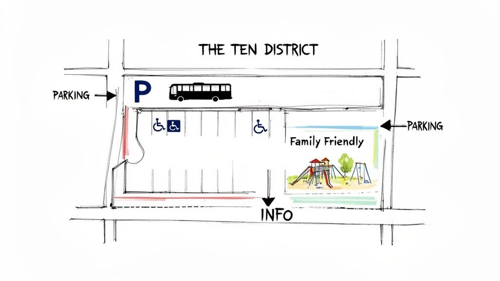 A hand-drawn map of The Ten District showing parking, bus stop, accessible spots, playground, and an info point.