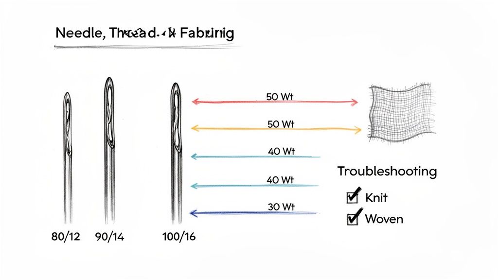 Visual guide matching sewing needle sizes 80/12, 90/14, 100/16 with thread weights and fabric types like knit and woven.