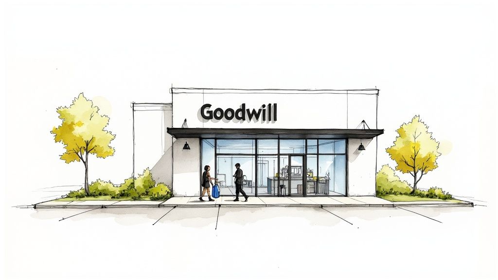 A well-organized aisle inside a Goodwill store, showcasing racks of clothing and shelves of housewares.