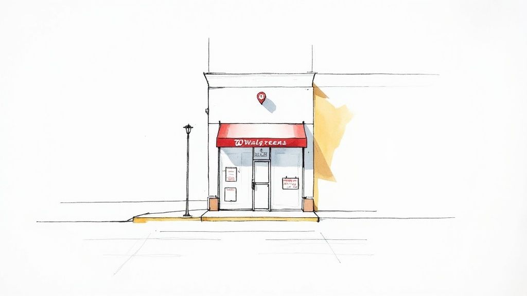 A storefront view of the Walgreens in Jenks, Oklahoma, on a clear day.