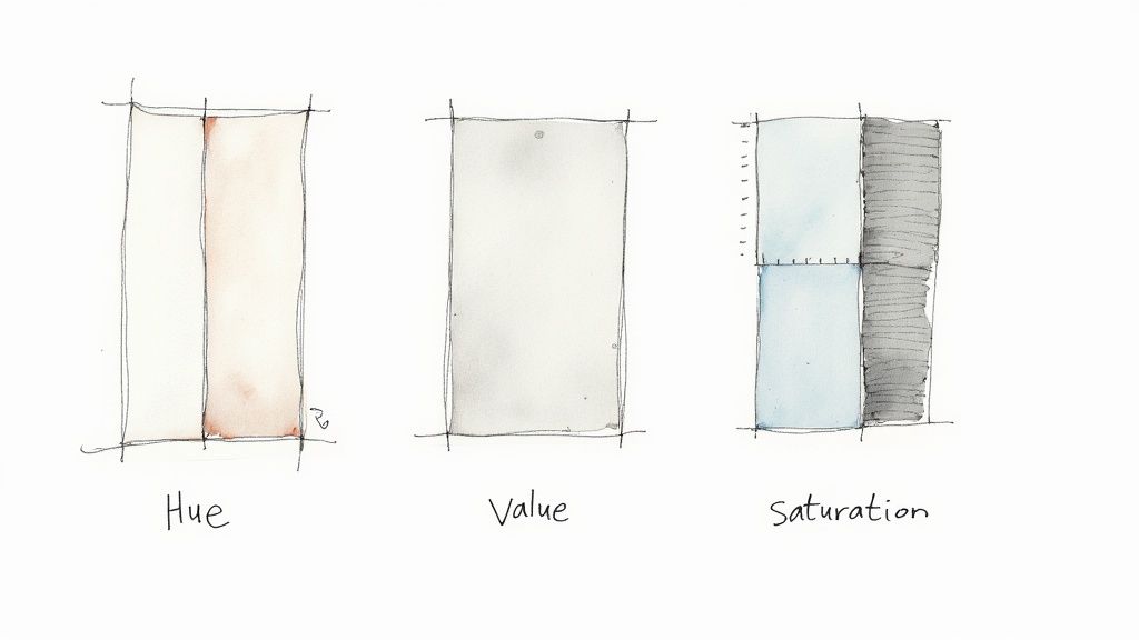 Hand-drawn watercolor illustration demonstrating hue, value, and saturation in color theory.