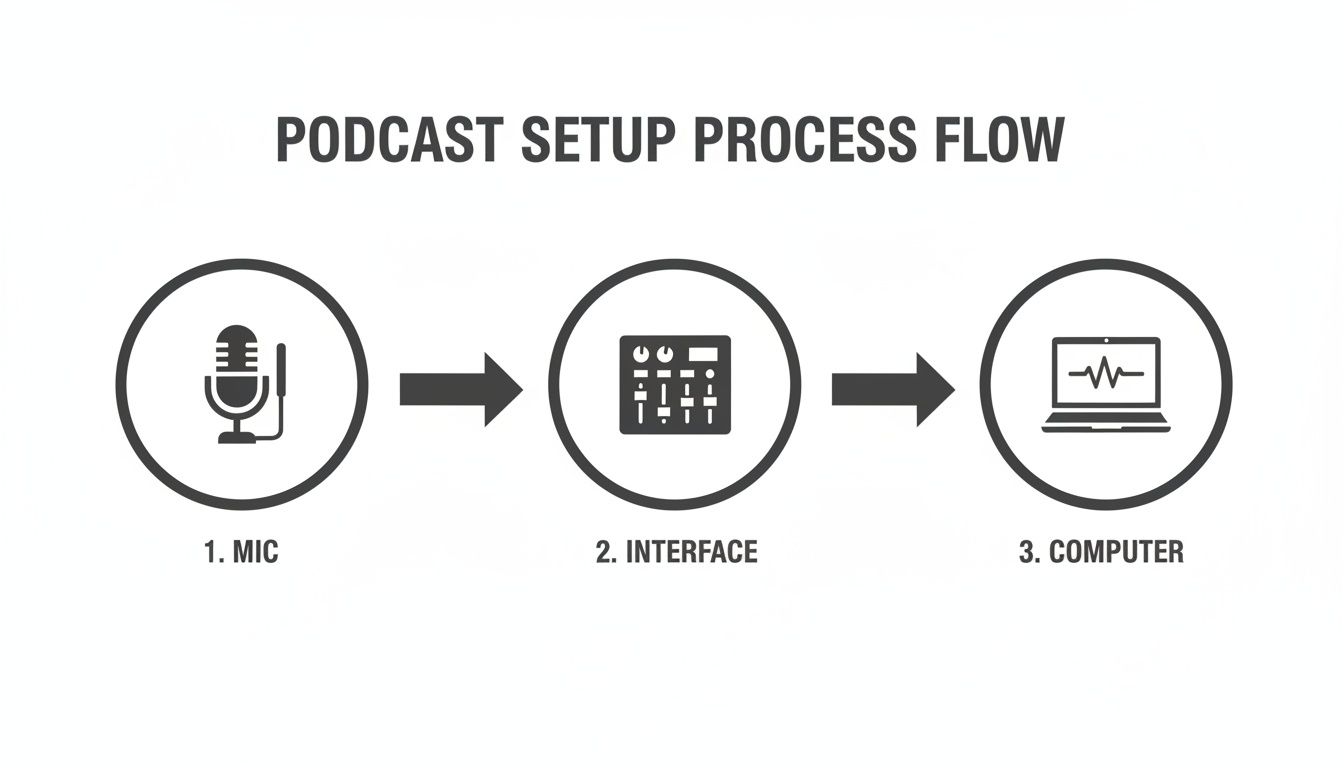 Flowchart showing the podcast equipment setup process: microphone, audio interface, and computer connection.