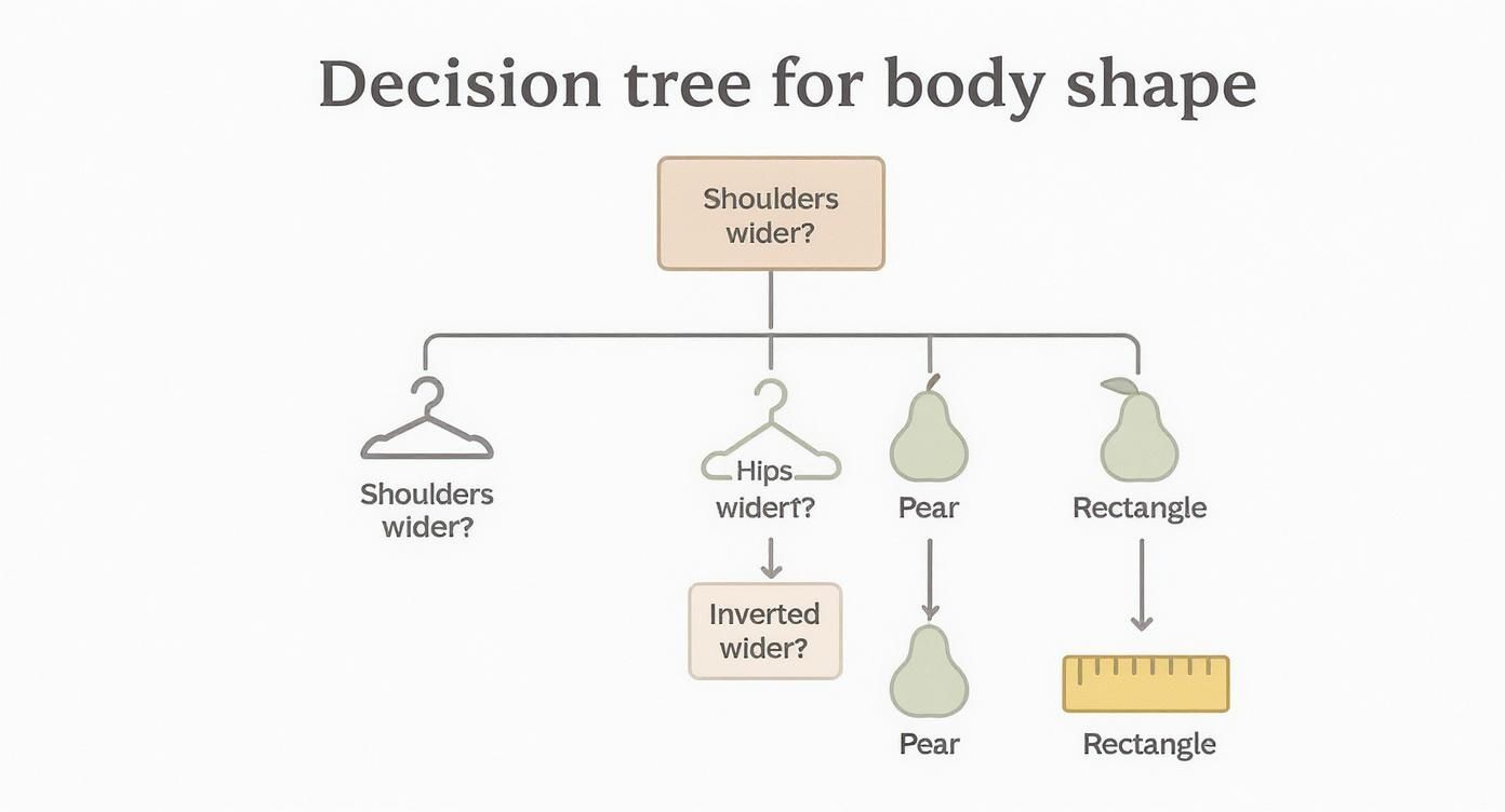 A decision tree diagram illustrating how to determine different body shapes like pear and rectangle.