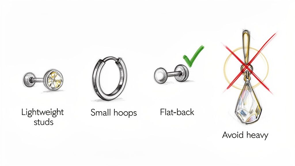 Four sketches illustrate suitable earrings for sensitive ears: lightweight studs, small hoops, flat-back, and avoiding heavy.