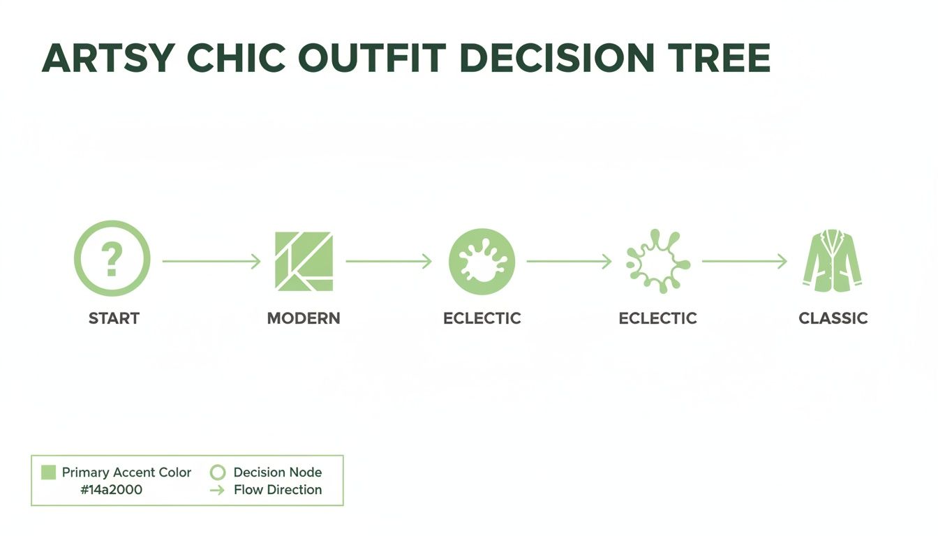 An 'Artsy Chic Outfit Decision Tree' flowchart showing a style progression from Start to Classic.