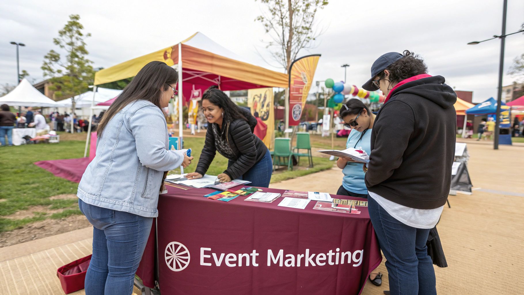 People at an outdoor Jenks fair by a maroon "Event Marketing" table. A woman engages with participants under colorful tents, creating a lively scene.