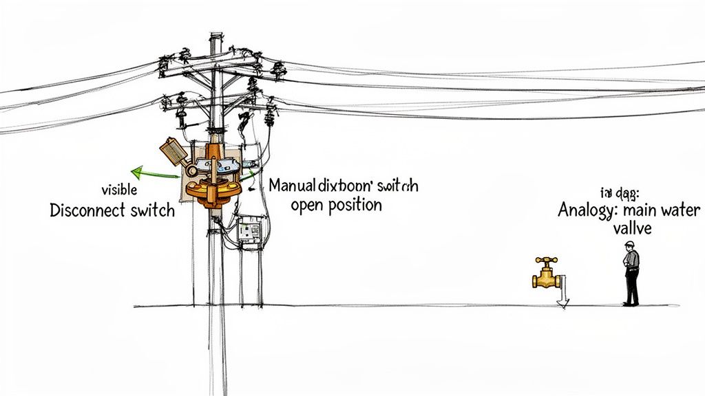 An electrical utility pole features a visible disconnect switch in an open position, analogous to a main water valve.