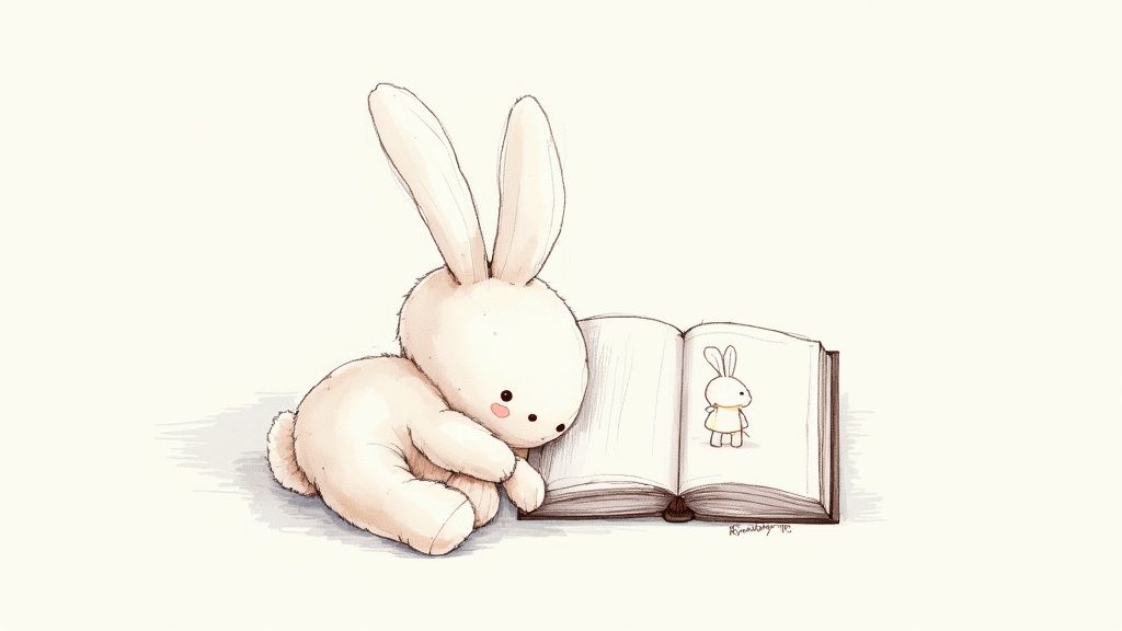 A Jellycat bunny plush toy sitting next to its matching storybook on a wooden surface.