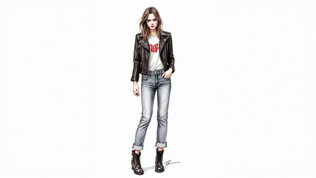 A stylish fashion illustration of a woman in a leather jacket, white tee, jeans, and boots.