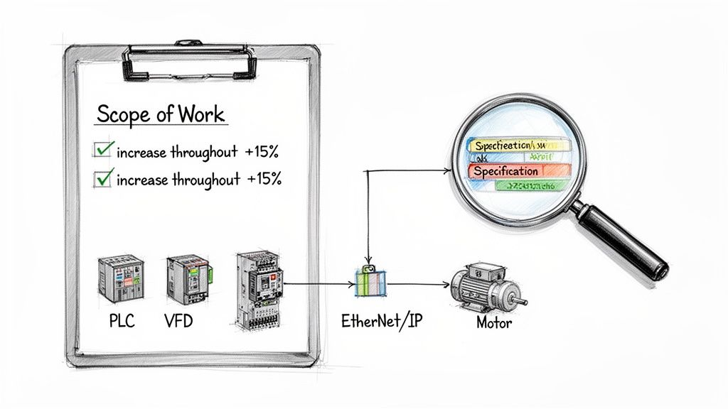 Diagram shows industrial control components: PLC, VFD, Motor, EtherNet/IP, and a Scope of Work for increasing throughput.