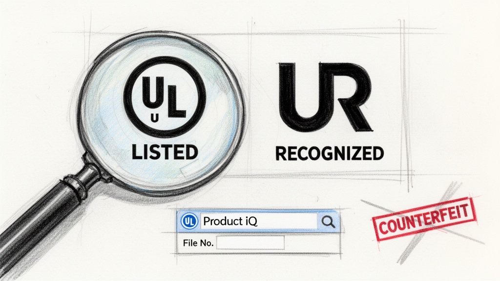 An illustrated comparison of UL Listed and UL Recognized marks, with a counterfeit stamp and Product iQ search.
