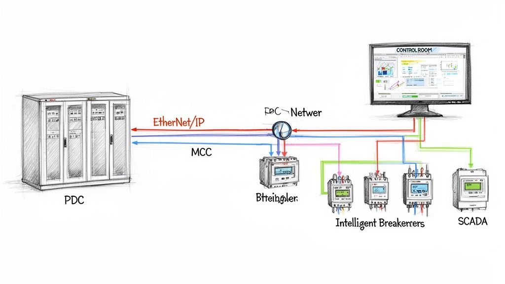 Diagram illustrating a power distribution network connecting a PDC, intelligent breakers, and SCADA to a control room.