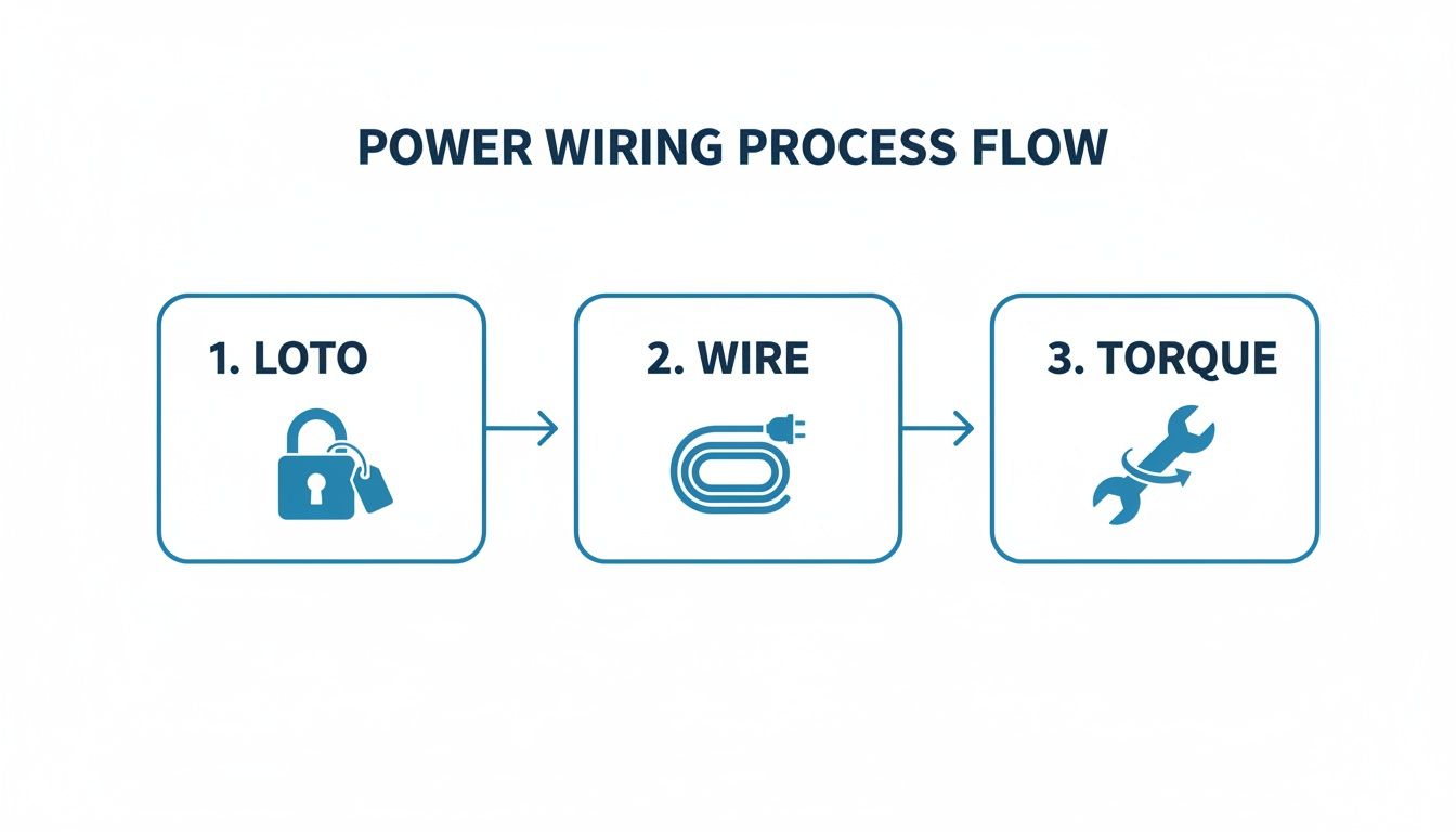 A three-step power wiring process flow diagram showing LOTO, wire, and torque with corresponding icons.