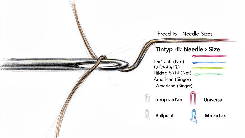 Guide showing sewing thread to needle sizes with different needle types.