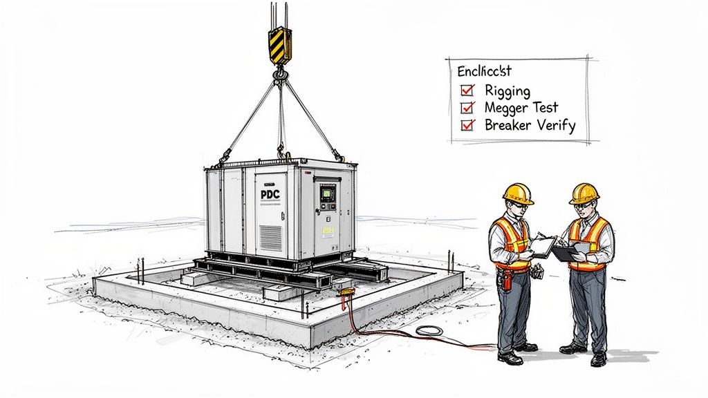 Illustration of a power distribution center installation, with crane lifting unit and workers checking a checklist.