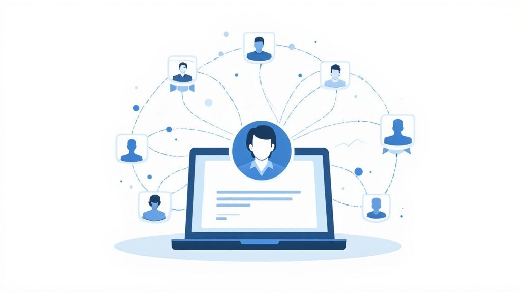 Digital networking concept with a laptop and a central user connecting to multiple surrounding profiles.