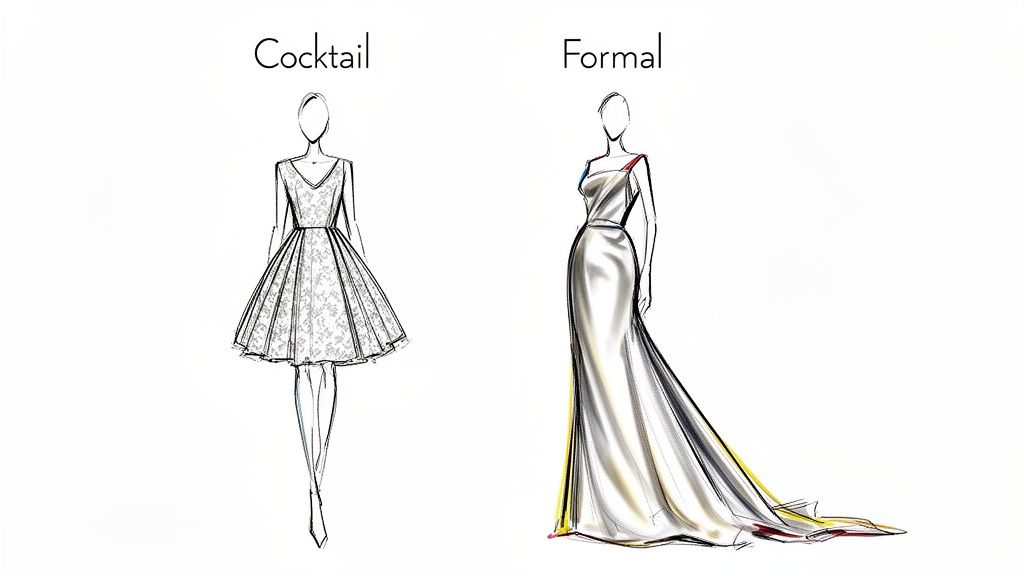 Illustrations comparing a short, lace cocktail dress and a long, elegant formal gown with a train.