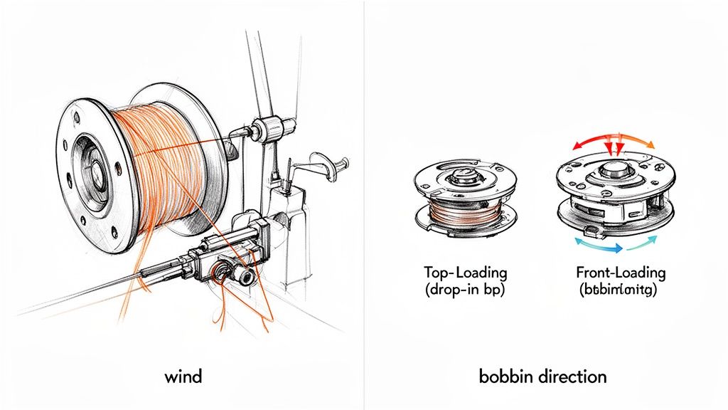 Sketches illustrate winding thread onto a spool and the two main sewing machine bobbin types and their directions.