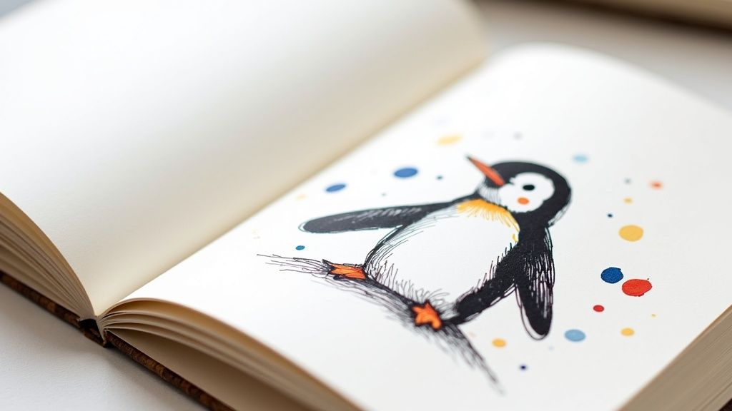 A close-up of the Jellycat Peanut Penguin Book showing its charming illustrations.