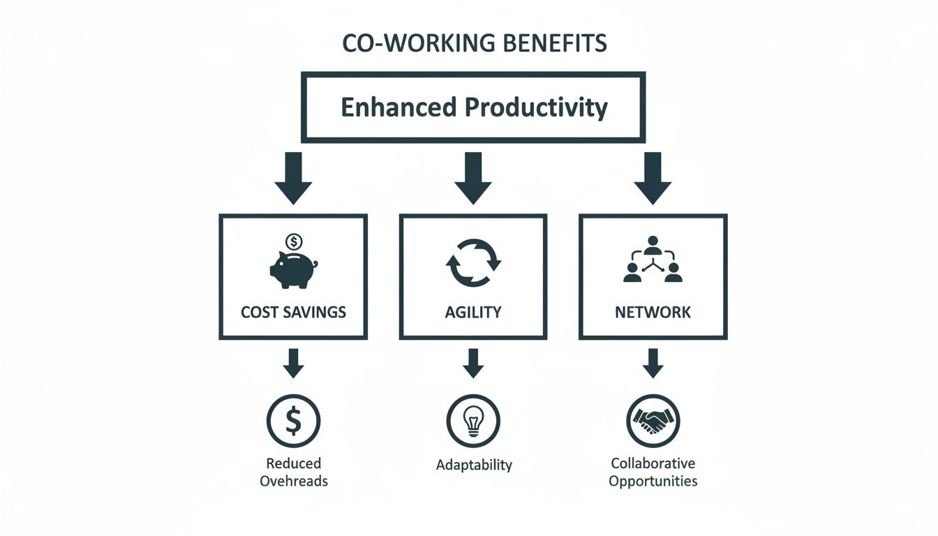An infographic showing the key benefits of co-working: enhanced productivity, cost savings, agility, and a professional network.