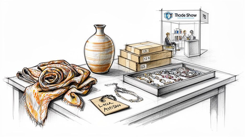 A sketch of a table displaying artisan goods, including scarves, jewelry, and a vase, at a trade show.