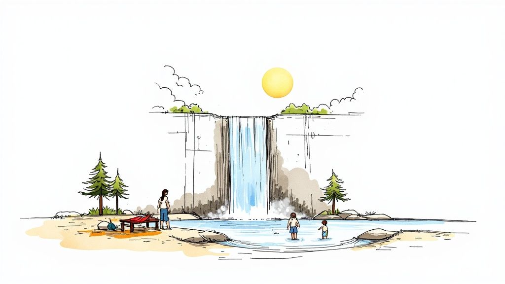 Hand-drawn illustration of a family swimming and relaxing by a large waterfall and trees.