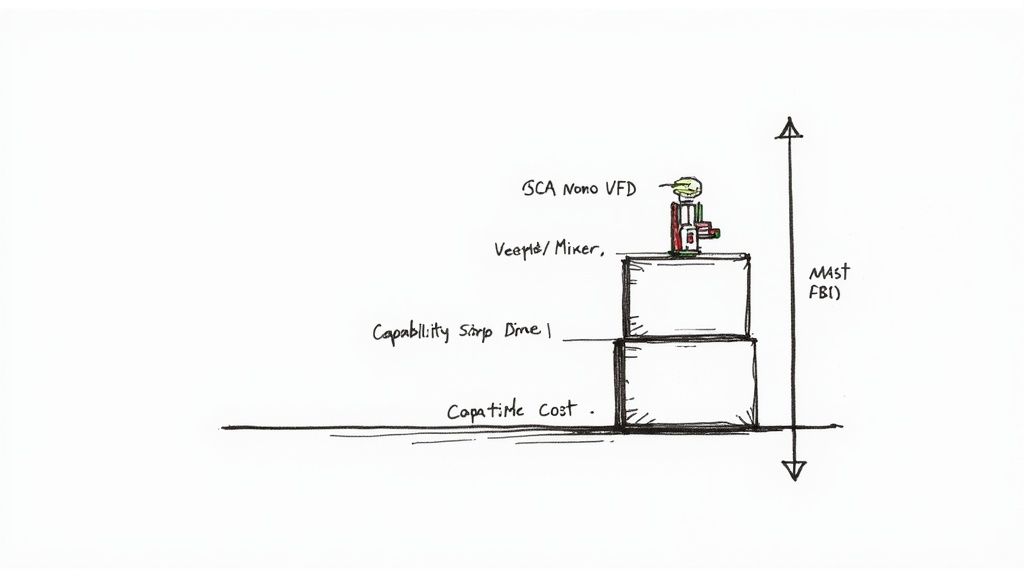 Hand-drawn sketch illustrating a SCA Nano VFD device on stacked boxes, labeled with capability and cost.