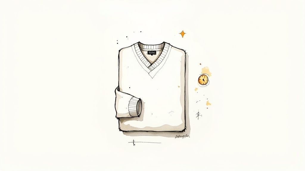 White cashmere sweater vest with ribbed v-neck collar and cuffs illustrated in watercolor