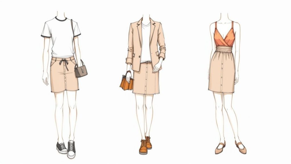Three summer outfit combinations featuring beige linen mini skirts styled with different tops and accessories