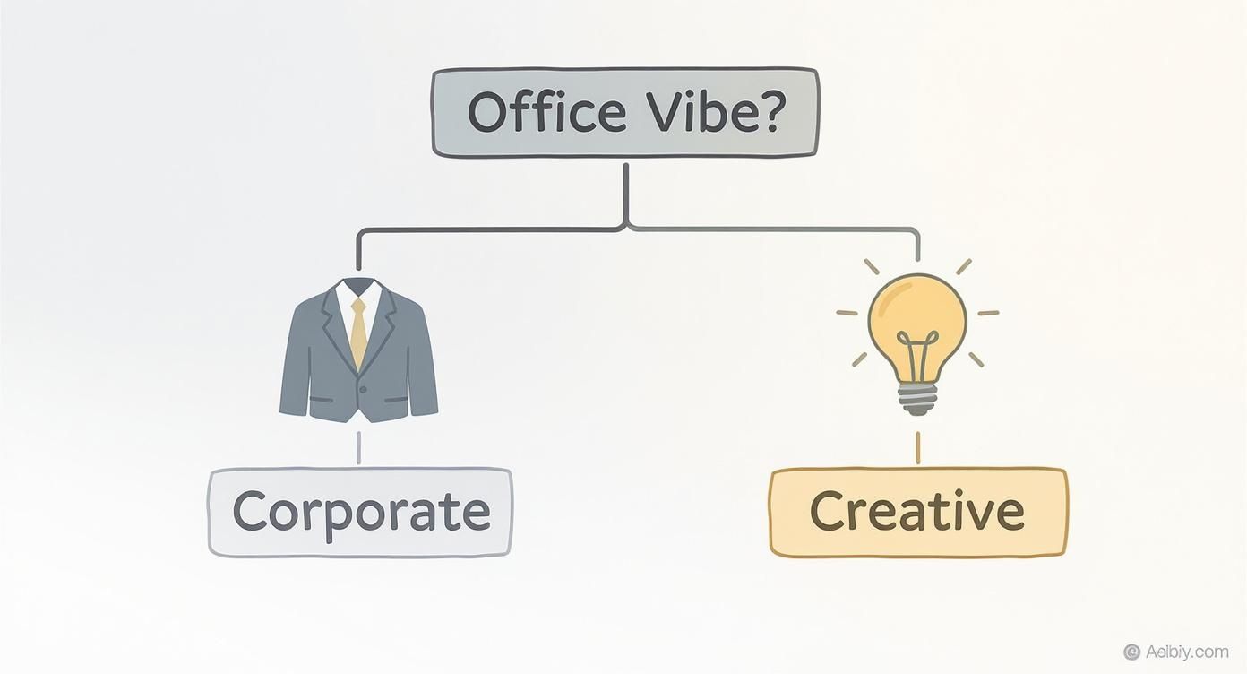 Infographic decision tree showing the difference between corporate and creative office vibes for business casual attire.