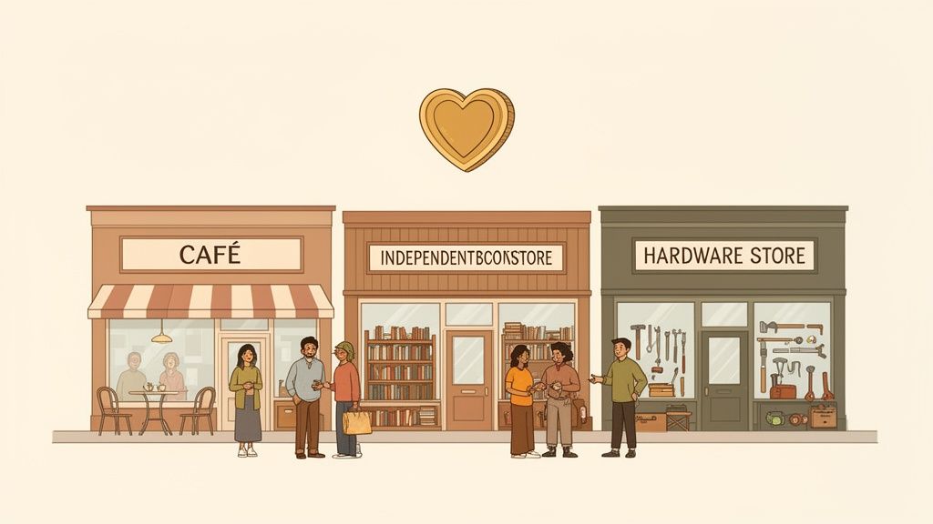 A photograph of a cozy local coffee shop, with a barista preparing a drink and customers chatting at tables.