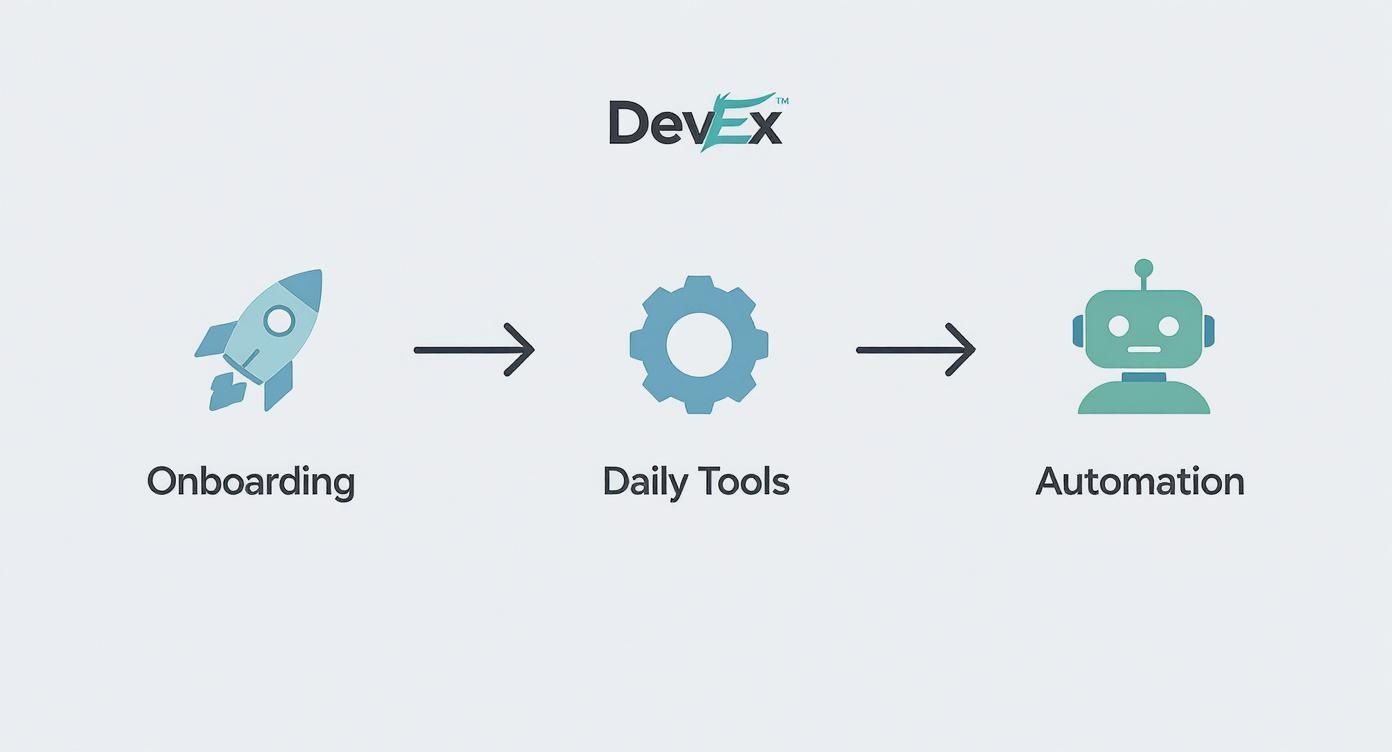 DevEx workflow diagram showing onboarding, daily tools, and automation stages with rocket, gear, and robot icons