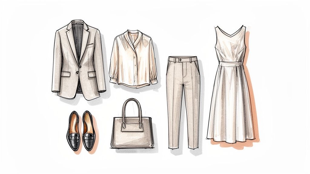 Stylish women's professional wardrobe essentials including a blazer, blouse, trousers, dress, loafers, and a handbag.