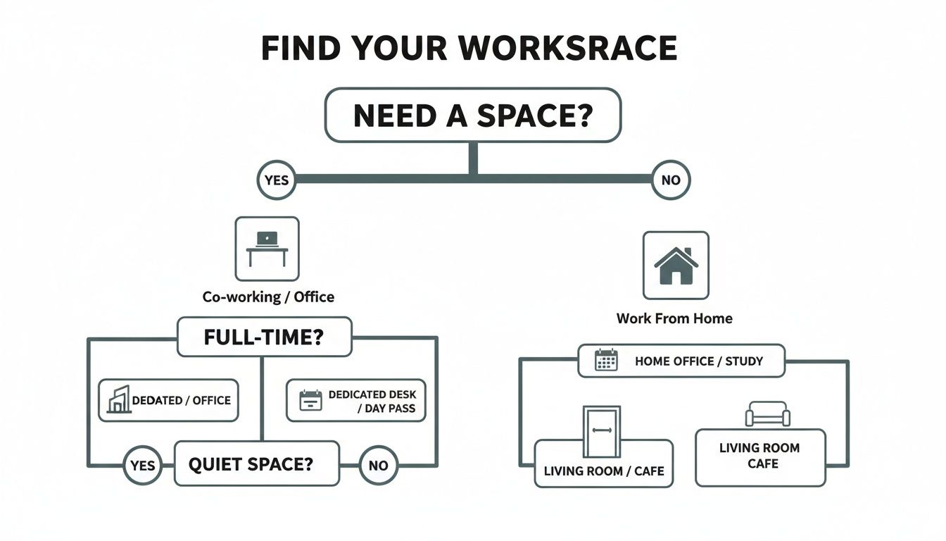A flowchart guiding users through options to find their ideal workspace, including co-working and home setups.