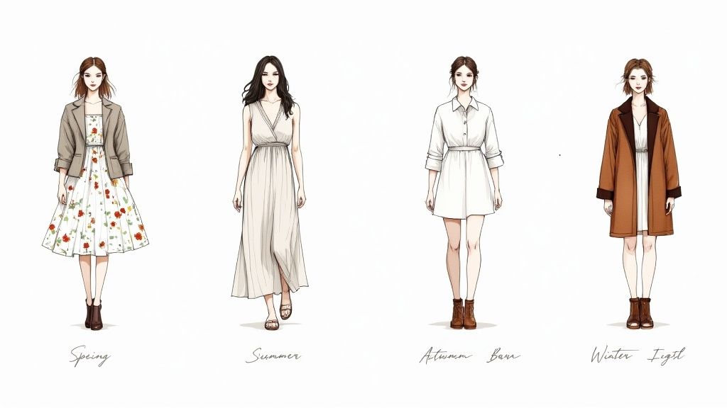 Four women showcasing seasonal fashion outfits: spring floral, summer maxi, autumn shirt dress, and winter coat.
