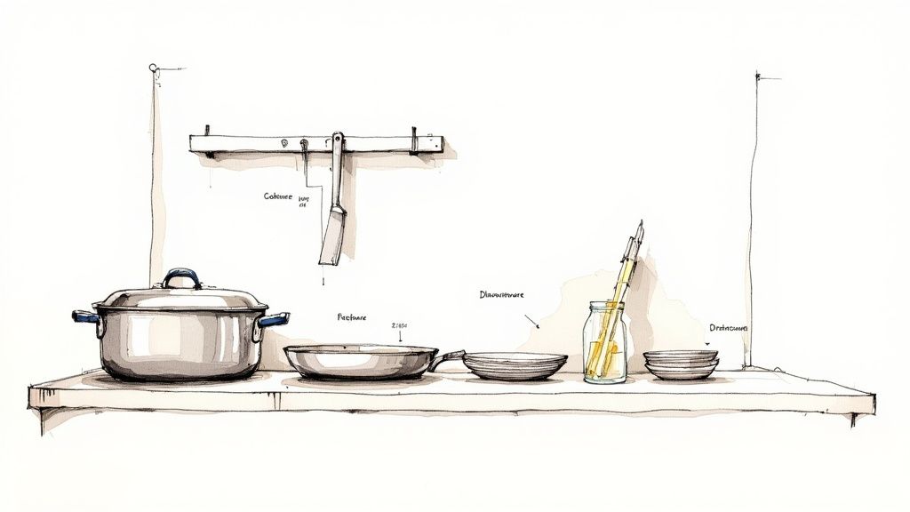 Minimalist kitchen shelf with cooking pot, bowls, utensils and measuring tools in organized arrangement