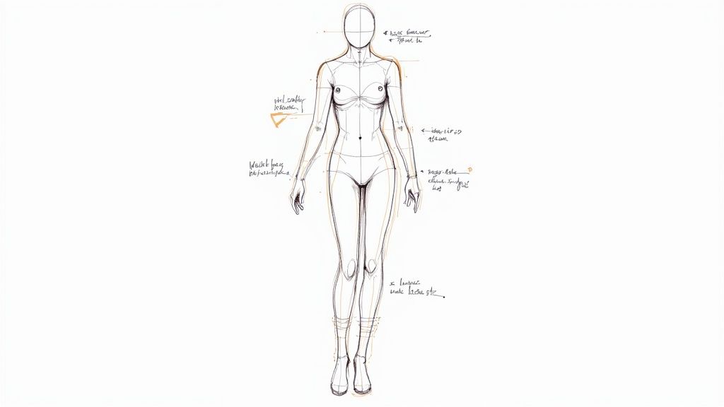 A detailed fashion illustration croquis showing a female body template with design notes.