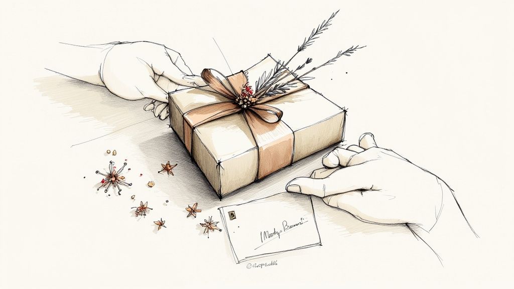 Hands exchanging elegantly wrapped gift box with ribbon, dried flowers, and festive decorations