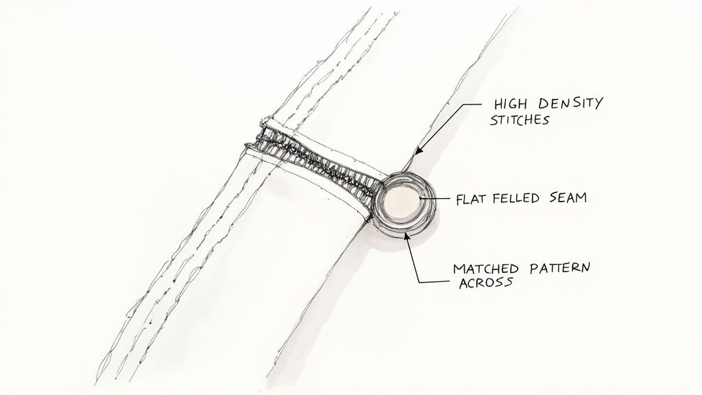 Technical drawing of a flat felled seam featuring high-density stitches and a perfectly matched pattern across.