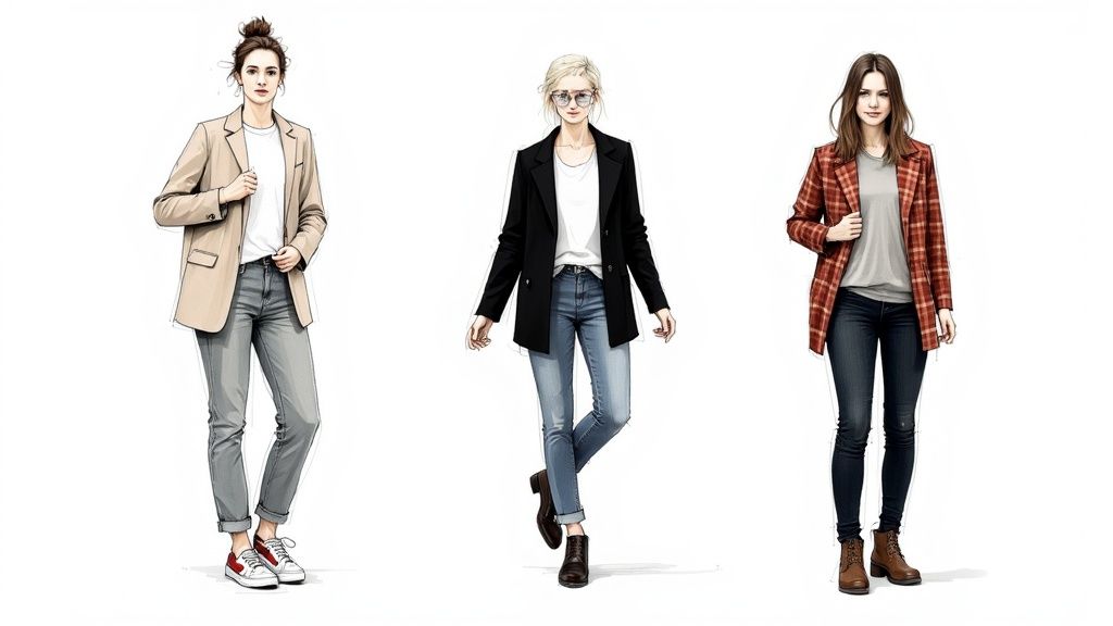 Three women in stylish blazers, jeans, and casual footwear, showcasing diverse outfit ideas.