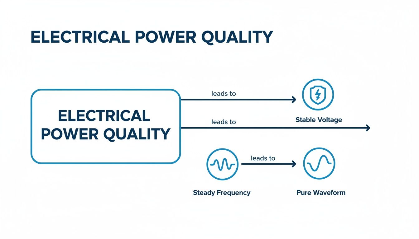 A diagram illustrating the components of electrical power quality, showing it leads to stable voltage, steady frequency, and a pure waveform.