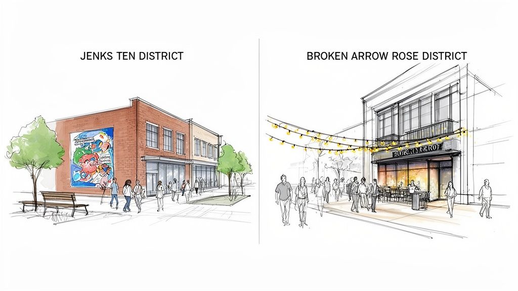 Architectural renderings showcasing two vibrant downtown district concepts, Jenks Ten and Broken Arrow Rose.