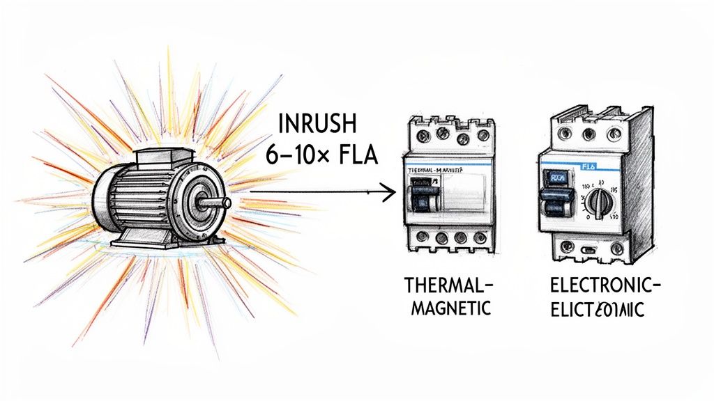 Diagram illustrating an electric motor's inrush current, showing thermal-magnetic and electronic circuit breakers for protection.