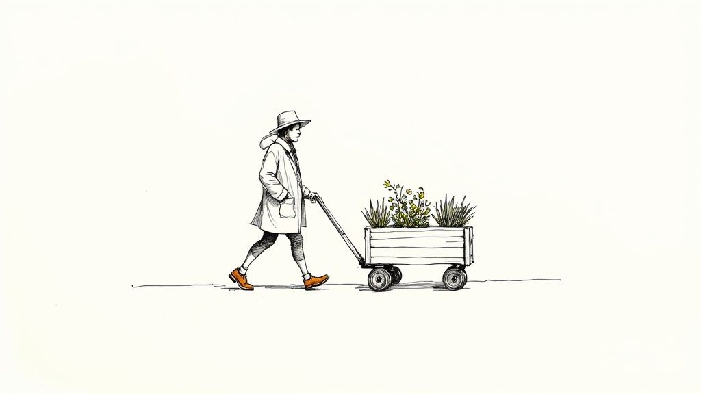 A person in a hat and coat pushes a wooden cart filled with vibrant green and yellow plants.