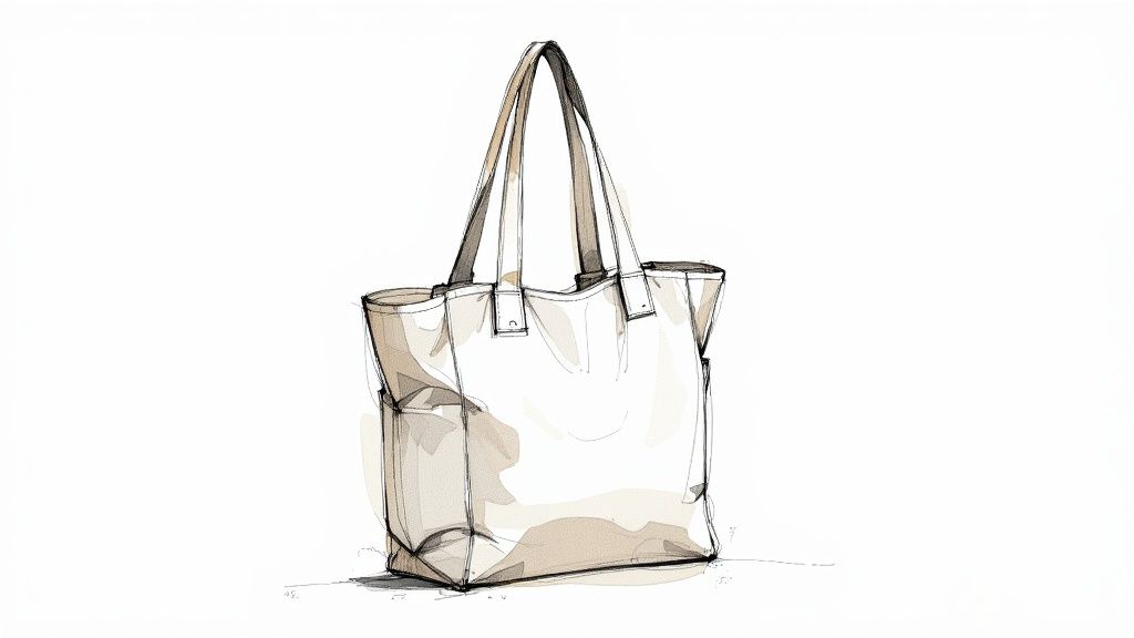 A beautifully crafted, structured tote bag and a crisp button-down shirt displayed to inspire sewing projects.