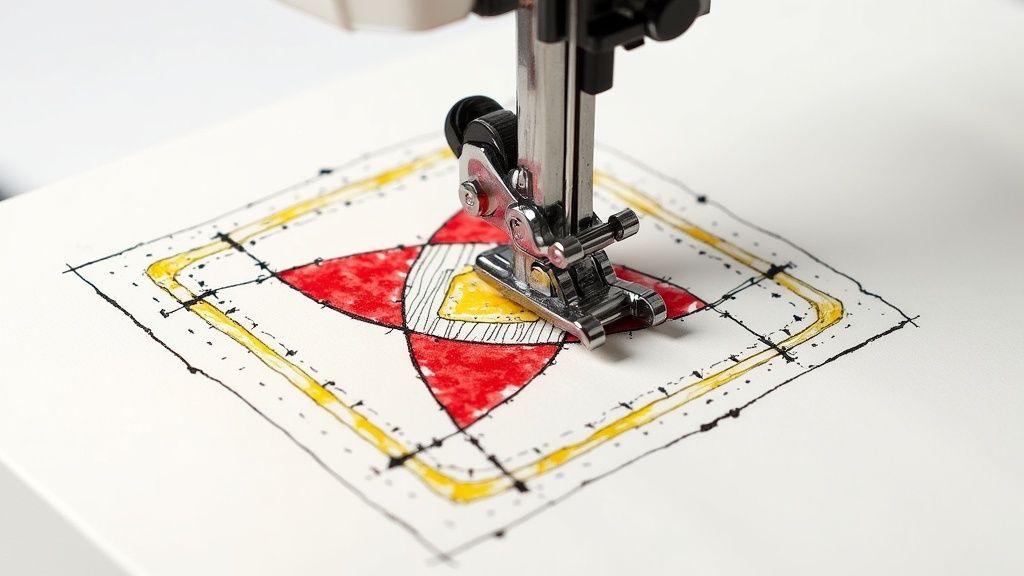 A person sewing a colorful quilt block on a modern sewing machine.