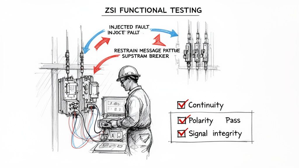 A technician performs ZSI functional testing on electrical equipment with a laptop, checking continuity, polarity, and signal integrity.
